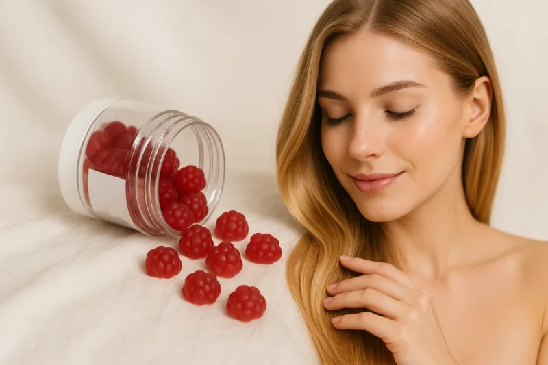 Femme blonde aux cheveux brillants à côté d’un pot de gummies renversé