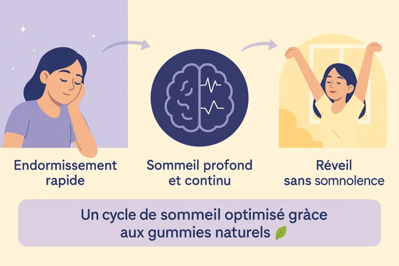 Schéma illustrant les 3 phases du sommeil améliorées par les gummies