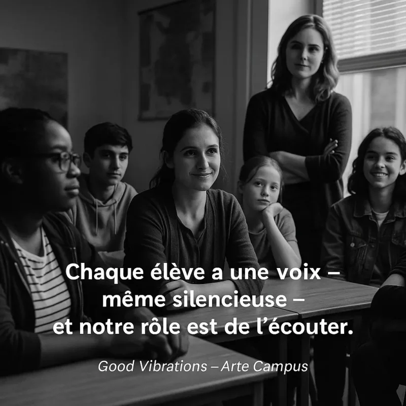 Citation visuelle “Chaque élève a une voix même silencieuse – et notre rôle est de l’écouter.” issue de Good Vibrations