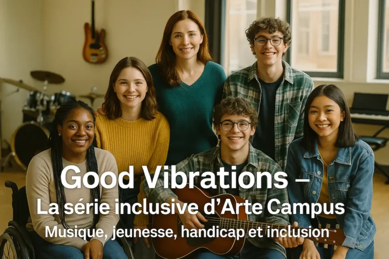 Groupe d’élèves et enseignante dans une salle de musique inclusive série Good Vibrations sur Arte Campus