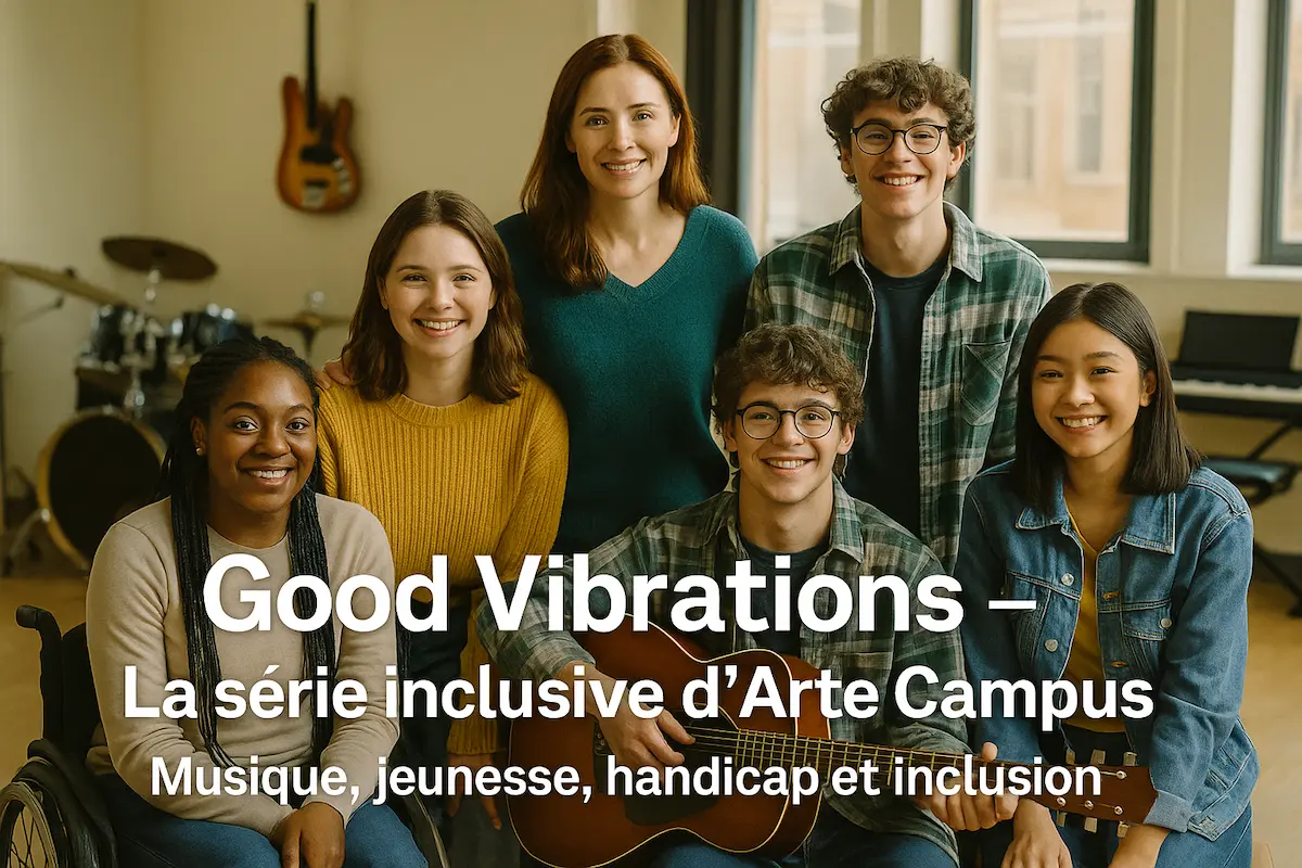 Groupe d’élèves et enseignante dans une salle de musique inclusive série Good Vibrations sur Arte Campus