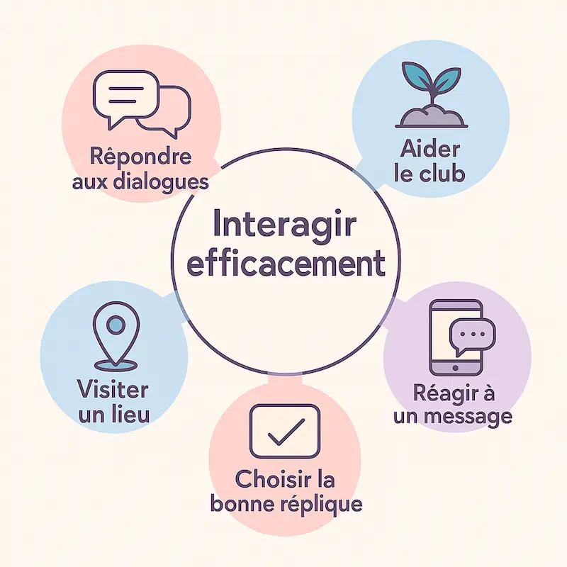 Carte mentale illustrée montrant cinq façons d’interagir efficacement dans Amour Sucré