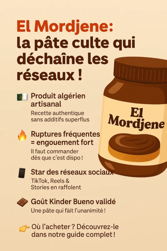 Infographie El Mordjene – succès viral sur TikTok et Instagram, goût Kinder Bueno