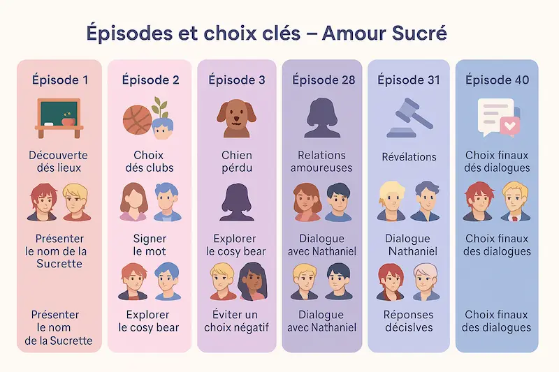 Infographie horizontale des épisodes d’Amour Sucré avec objectifs, personnages et choix associés