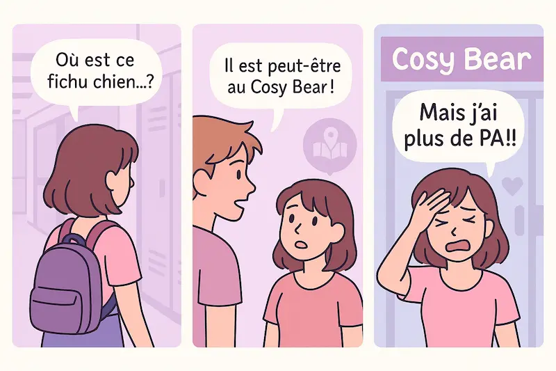 Mini bande dessinée en 3 cases sur la quête du chien perdu dans Amour Sucré et le manque de PA