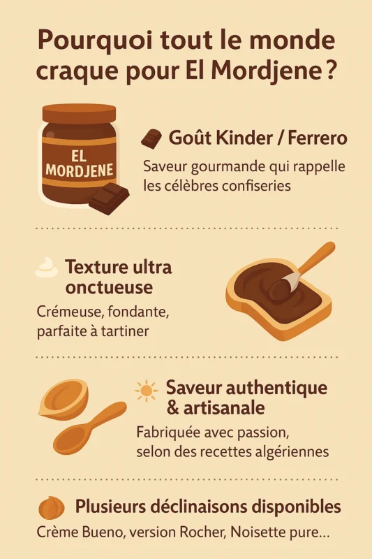 Infographie – caractéristiques de la pâte à tartiner El Mordjene : goût Kinder, texture onctueuse, saveur artisanale