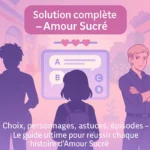 Illustration pastel des personnages d’Amour Sucré devant des choix de dialogue dans une ambiance romantique et scolaire