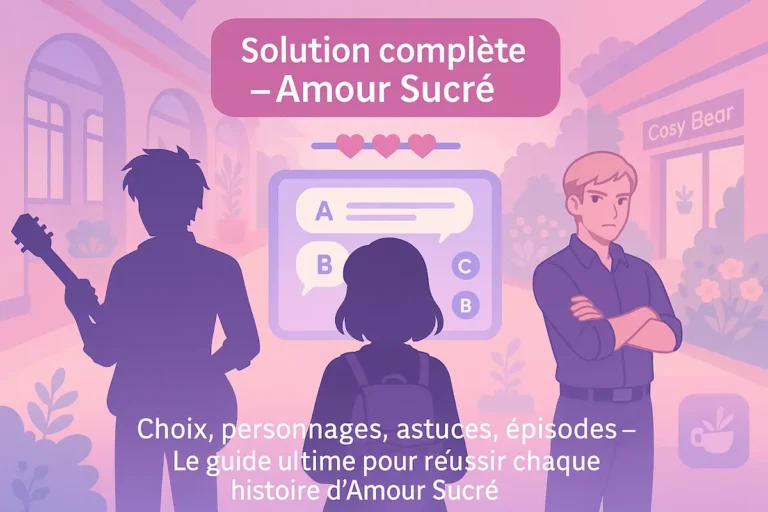 Illustration pastel des personnages d’Amour Sucré devant des choix de dialogue dans une ambiance romantique et scolaire