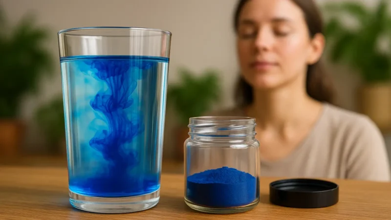 Poudre de phycocyanine se dissolvant dans un verre d’eau bleue devant une femme méditant