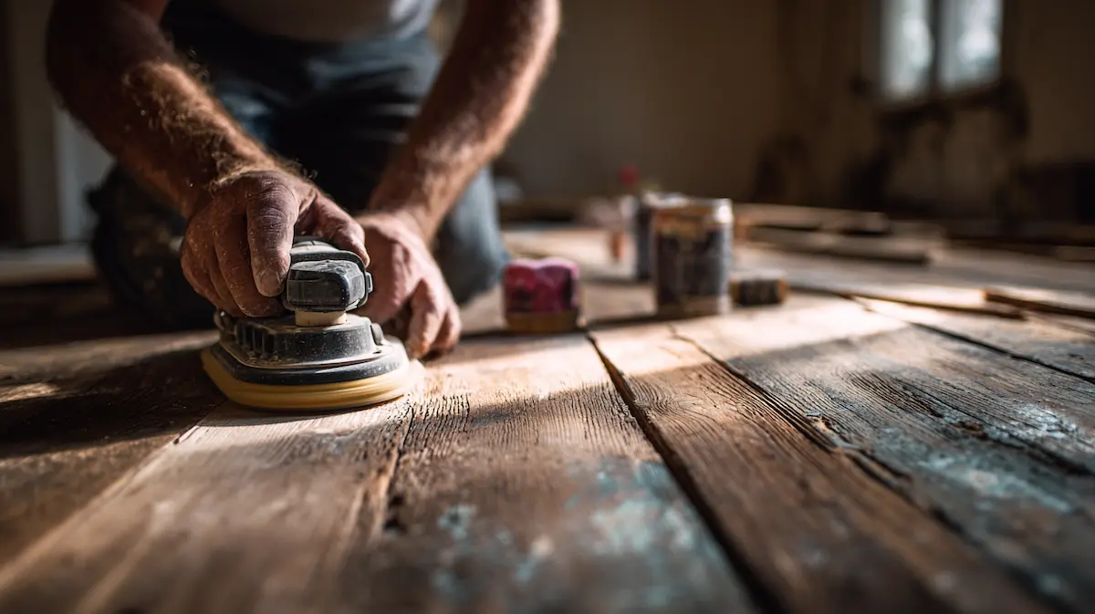 Ponçage d’un plancher en bois ancien lors d’une rénovation sans démontage