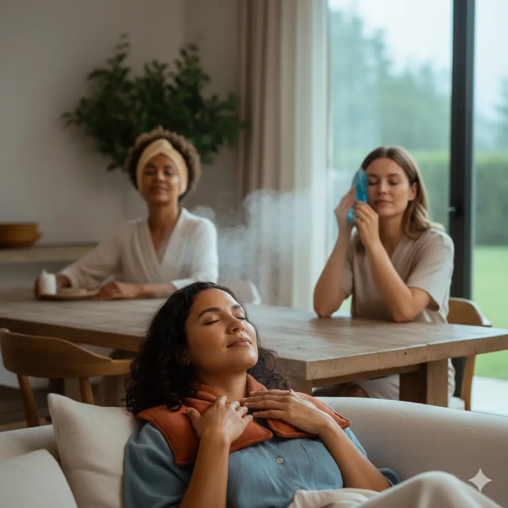 femmes détendues utilisant la cryothérapie à domicile pour soulager les migraines grâce à des compresses froides et à la relaxation