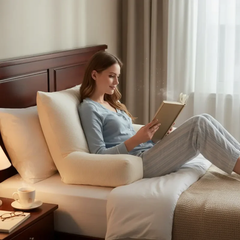Femme lisant confortablement dans son lit avec un coussin de lecture orthopédique offrant un soutien du dos.