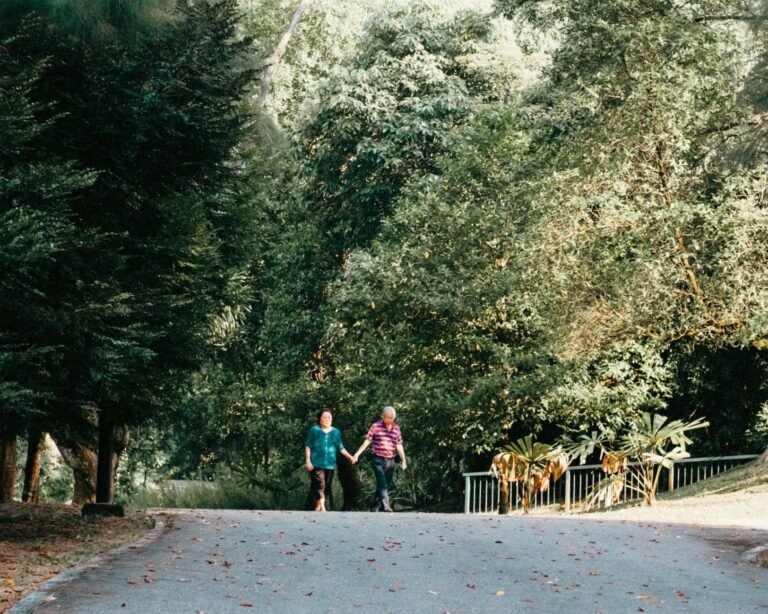 Couple de seniors se promenant dans un parc verdoyant