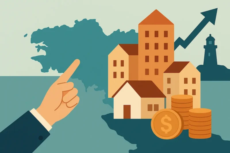 Illustration représentant l’investissement immobilier en Bretagne, avec carte régionale, bâtiments résidentiels et symboles de rentabilité.