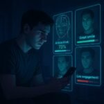 Jeune homme regardant son téléphone, analysé par une intelligence artificielle via des hologrammes évaluant son attractivité sur Tinder.