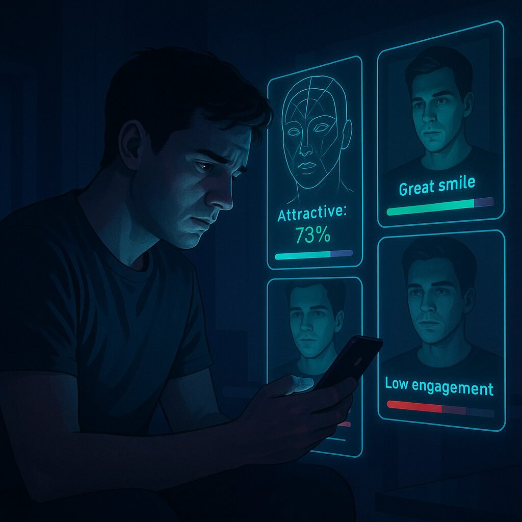 Jeune homme regardant son téléphone, analysé par une intelligence artificielle via des hologrammes évaluant son attractivité sur Tinder.