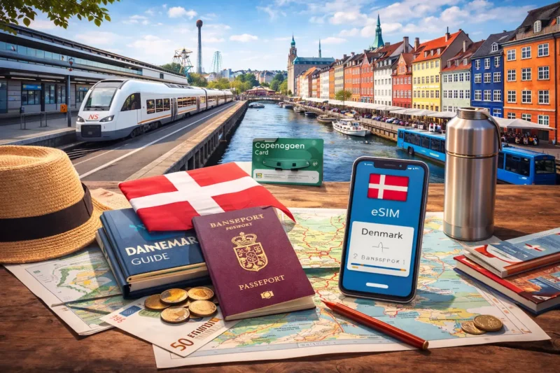 Carte, passeport, smartphone avec eSIM et vue de Copenhague illustrant les infos pratiques pour voyager au Danemark