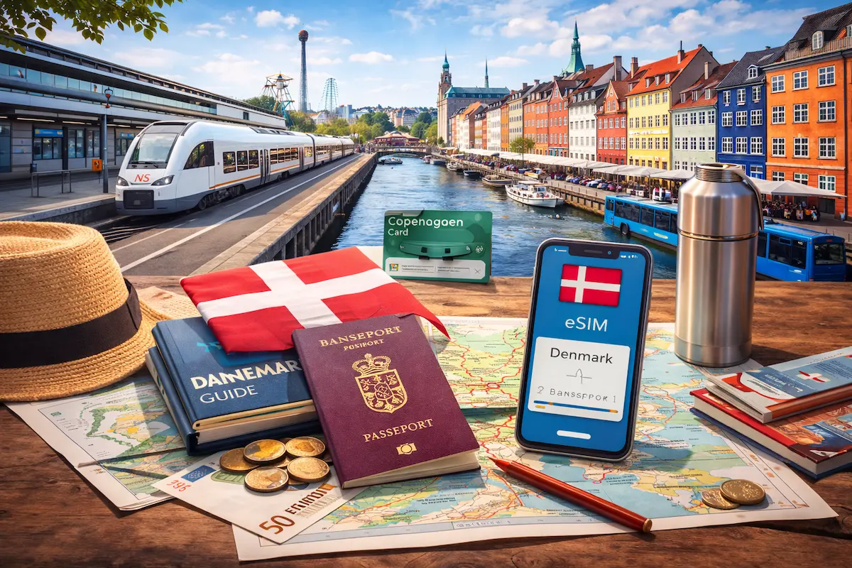 Carte, passeport, smartphone avec eSIM et vue de Copenhague illustrant les infos pratiques pour voyager au Danemark