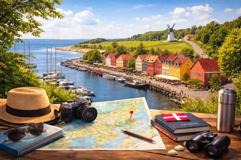 Carte et matériel de voyage avec vue sur un port et un village danois, illustrant la planification d’itinéraires au Danemark
