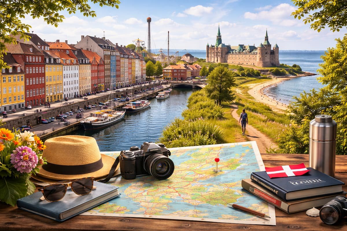 Vue de Copenhague et d’un paysage côtier danois avec carte et matériel de voyage, illustrant les activités et excursions à faire au Danemark