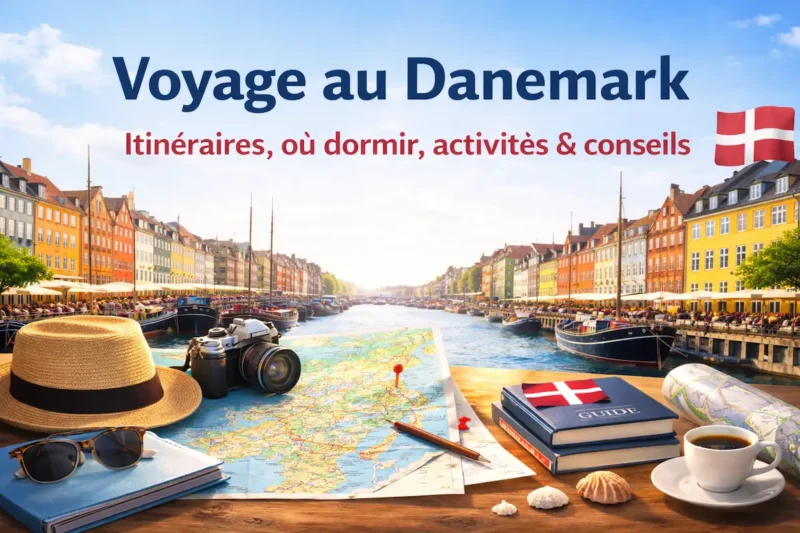 Vue du quartier de Nyhavn à Copenhague avec carte, appareil photo et guide de voyage pour préparer un voyage au Danemark
