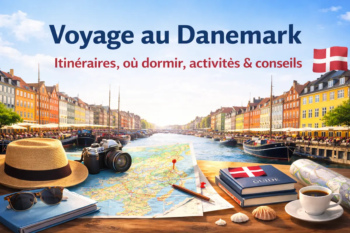 Vue du quartier de Nyhavn à Copenhague avec carte, appareil photo et guide de voyage pour préparer un voyage au Danemark