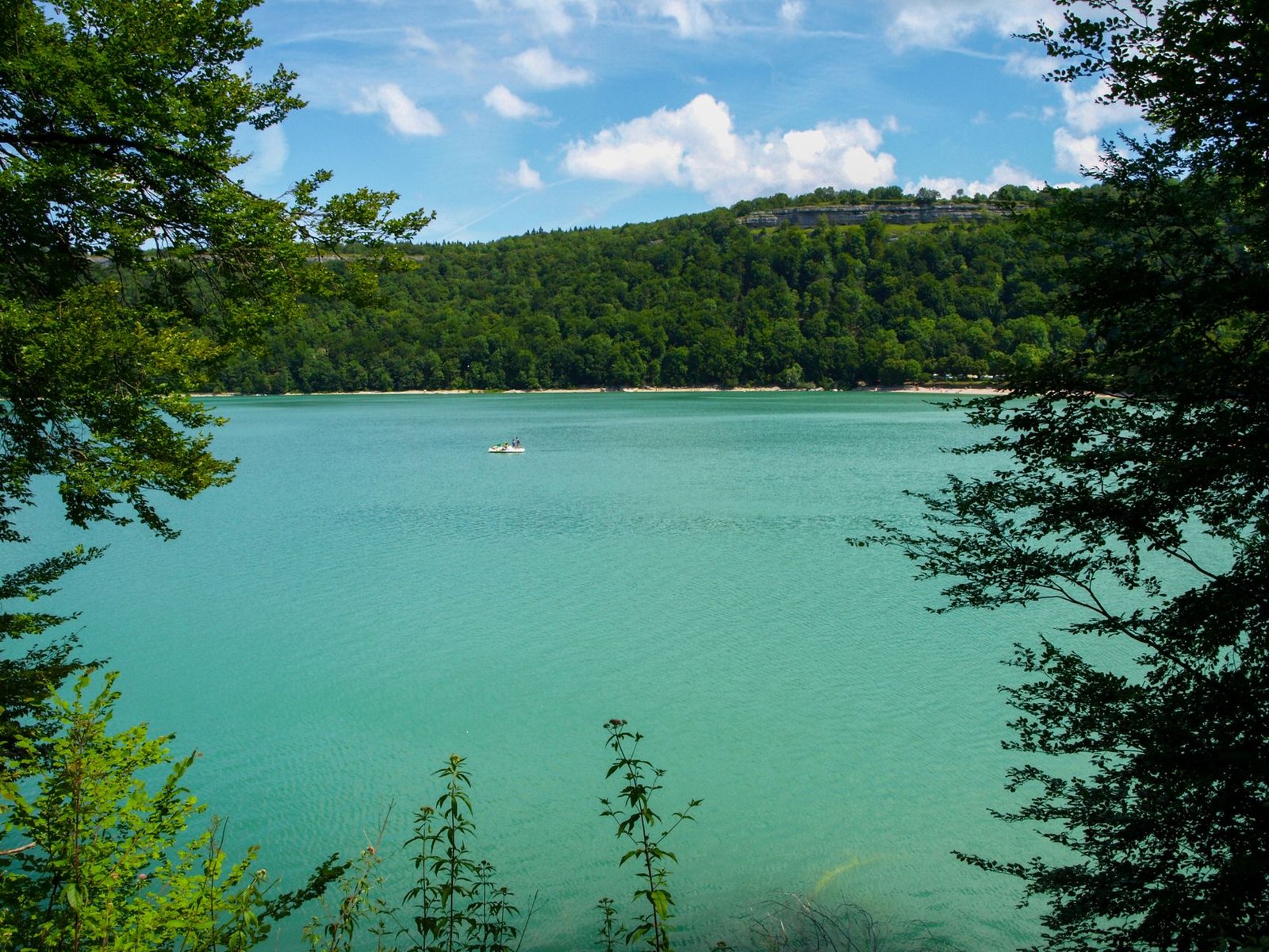 Lac aux eaux turquoise entouré de forêts dans le Jura