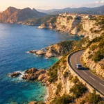 Voiture sur une route côtière en Corse au coucher de soleil, falaises de Bonifacio, mer turquoise et paysages montagneux méditerranéens en arrière-plan, ambiance road trip estivale