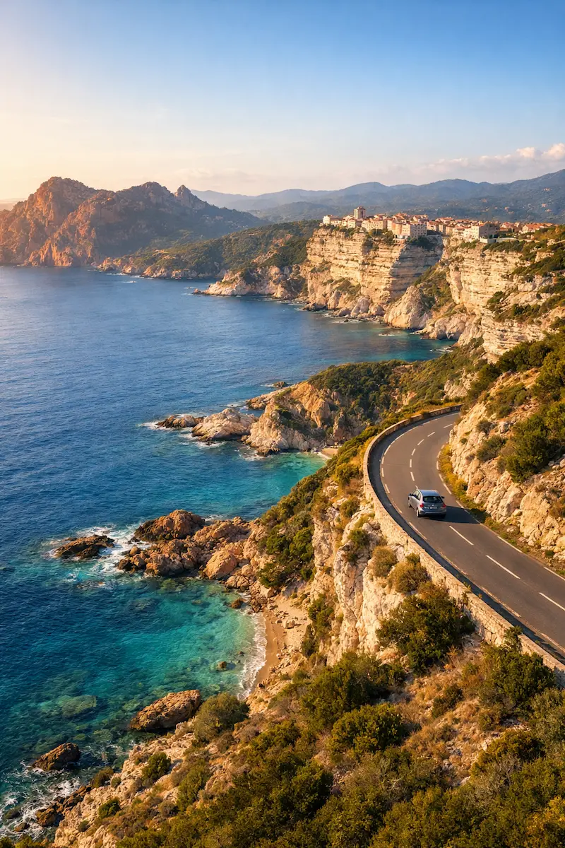 Voiture sur une route côtière en Corse au coucher de soleil, falaises de Bonifacio, mer turquoise et paysages montagneux méditerranéens en arrière-plan, ambiance road trip estivale