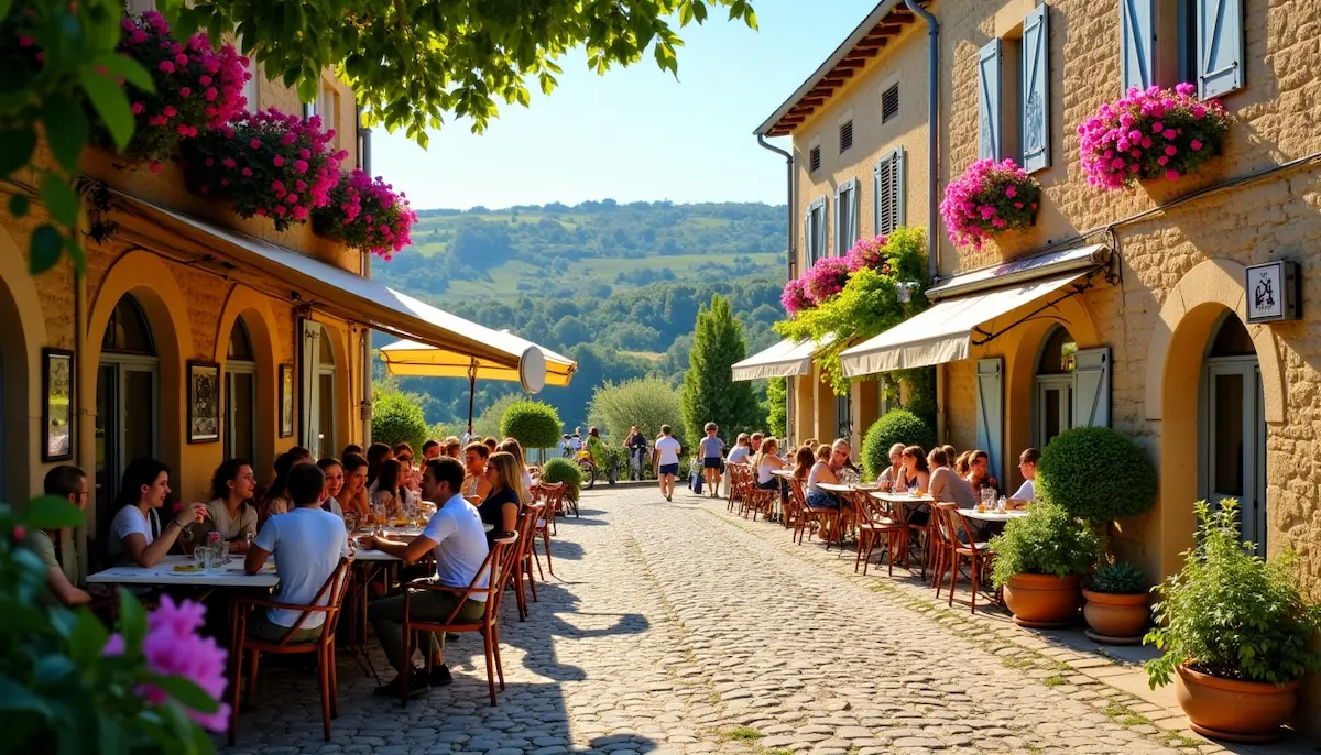 Terrasse de restaurant dans une rue provençale à Manosque, avec façades en pierre, fleurs colorées et vue sur les collines de Haute-Provence.