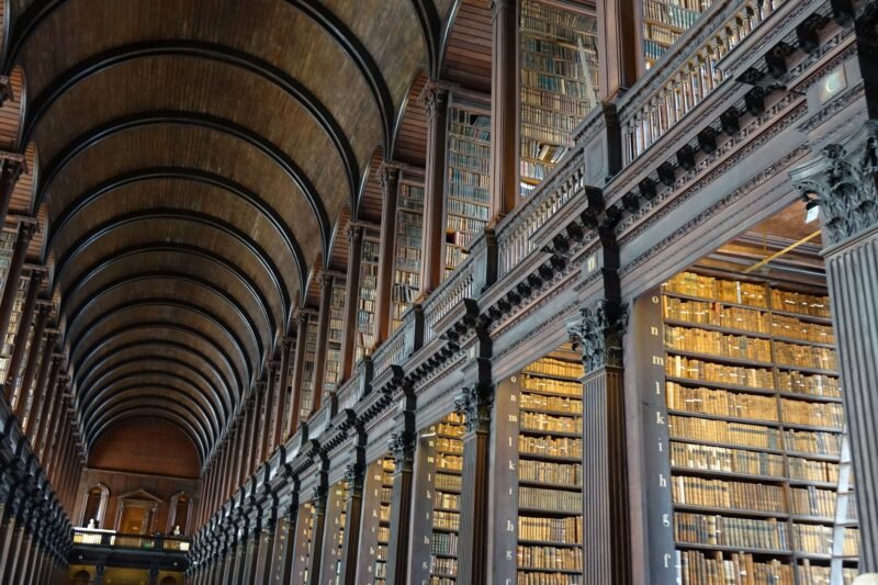 La Long Room de l'Old Library de Trinity College à Dublin, voûte en bois et rayonnages de livres anciens