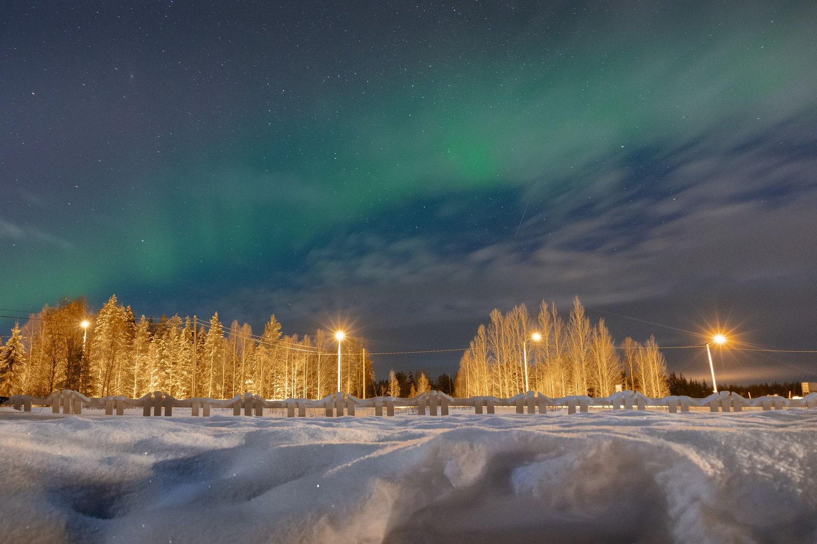 Aurore boréale verte au-dessus d'une route enneigée bordée de bouleaux éclairés en Laponie finlandaise