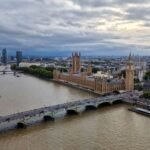 Vue aérienne de Big Ben et du palais de Westminster au bord de la Tamise à la tombée du jour