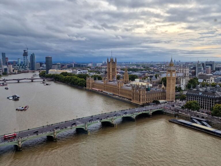 Vue aérienne de Big Ben et du palais de Westminster au bord de la Tamise à la tombée du jour