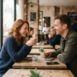• Un homme et une femme d'une trentaine d'années sourient et discutent joyeusement autour d'un café lors d'un premier rendez-vous dans un bistrot parisien.
