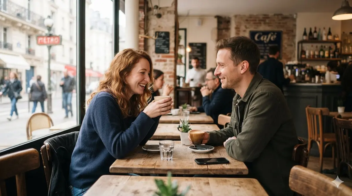 • Un homme et une femme d'une trentaine d'années sourient et discutent joyeusement autour d'un café lors d'un premier rendez-vous dans un bistrot parisien.